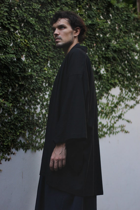 Black Linen Kimono Robe, Japanese Haori Style, Soft Blend
