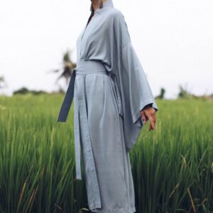 Light Blue Rayon Kimono Dress, Japanese Style Robe, Handmade Loose Fit