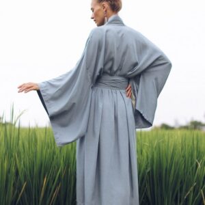 Light Blue Rayon Kimono Dress, Japanese Style Robe, Handmade Loose Fit