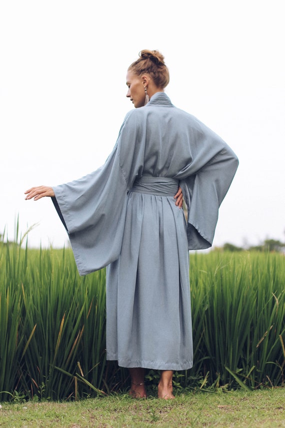 Light Blue Rayon Kimono Dress, Japanese Style Robe, Handmade Loose Fit