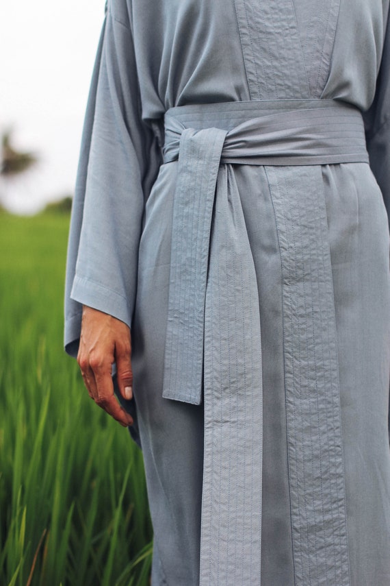 Light Blue Rayon Kimono Dress, Japanese Style Robe, Handmade Loose Fit