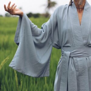 Light Blue Rayon Kimono Dress, Japanese Style Robe, Handmade Loose Fit