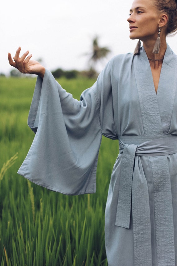 Light Blue Rayon Kimono Dress, Japanese Style Robe, Handmade Loose Fit