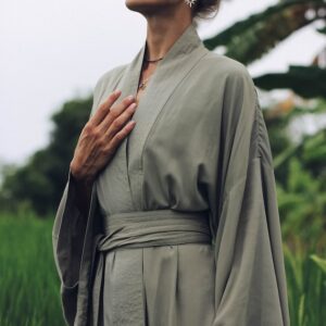 Olive Rayon Kimono Dress, Japanese Style Robe, Wide Collar Sleeves