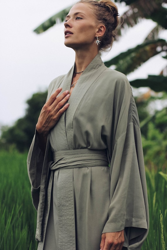 Olive Rayon Kimono Dress, Japanese Style Robe, Wide Collar Sleeves