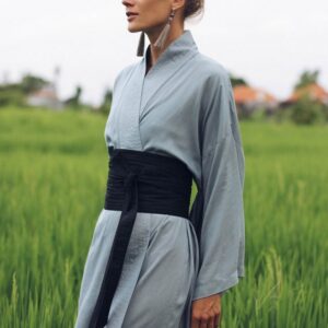 Wide Obi Japanese style belt, linen belt sash, black fabric belt