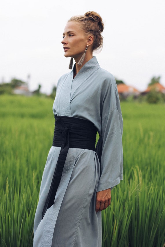 Wide Obi Japanese style belt, linen belt sash, black fabric belt