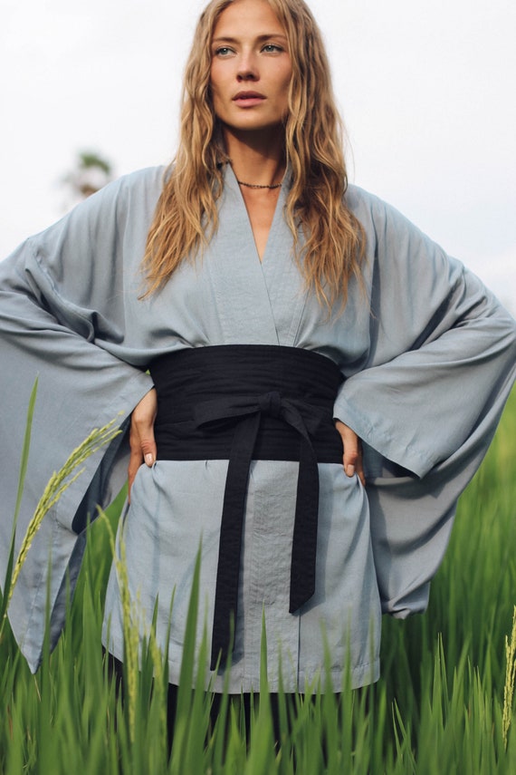 Wide Obi Japanese style belt, linen belt sash, black fabric belt
