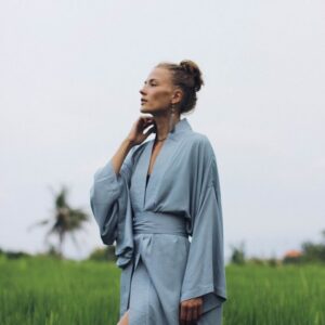 Light Blue Rayon Kimono Dress, Japanese Style Robe, Handmade Loose Fit