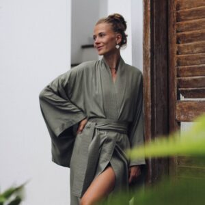 Olive Rayon Kimono Dress, Japanese Style Robe, Wide Collar Sleeves