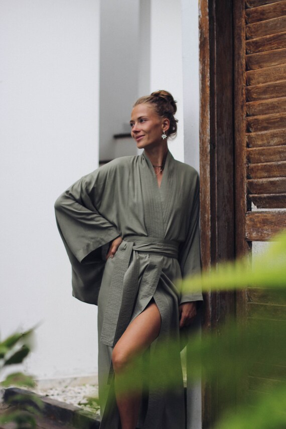 Olive Rayon Kimono Dress, Japanese Style Robe, Wide Collar Sleeves