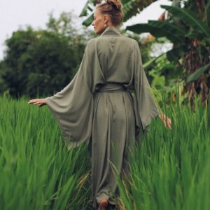 Olive Rayon Kimono Dress, Japanese Style Robe, Wide Collar Sleeves