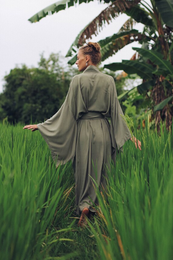Olive Rayon Kimono Dress, Japanese Style Robe, Wide Collar Sleeves