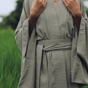 Olive Rayon Kimono Dress, Japanese Style Robe, Wide Collar Sleeves