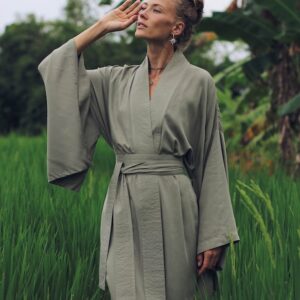 Olive Rayon Kimono Dress, Japanese Style Robe, Wide Collar Sleeves