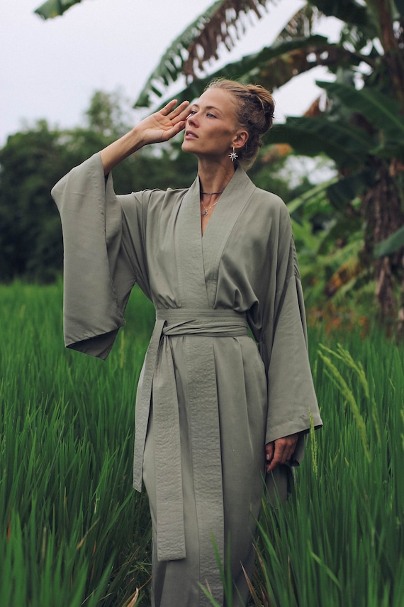 Olive Rayon Kimono Dress, Japanese Style Robe, Wide Collar Sleeves