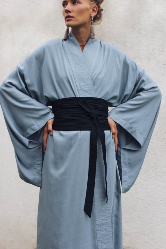 Wide Obi Japanese style belt, linen belt sash, black fabric belt
