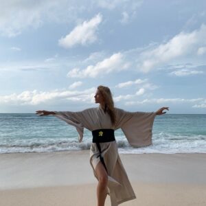 Bridesmaid beige kimono dress, Japanese style, Long Robe, Short cape, free size