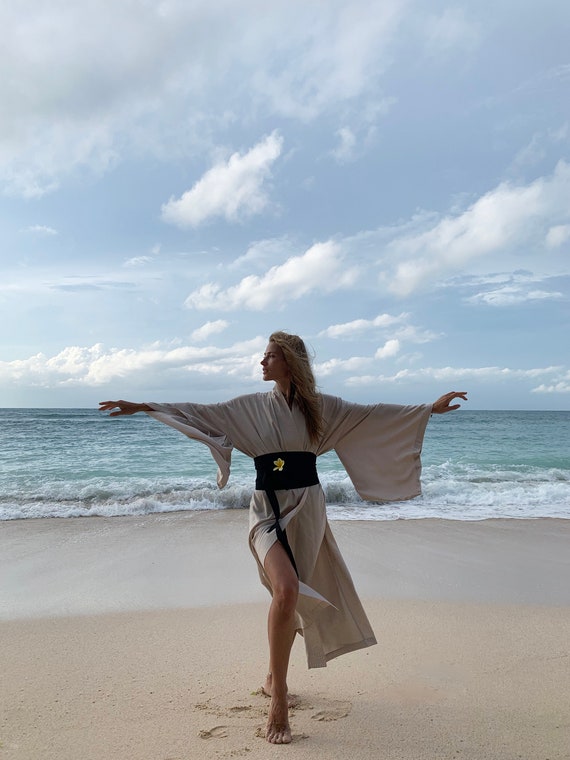 Bridesmaid beige kimono dress, Japanese style, Long Robe, Short cape, free size