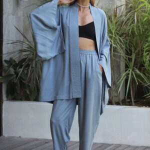 Light Blue Rayon Kimono Dress, Japanese Style Robe, Handmade Loose Fit