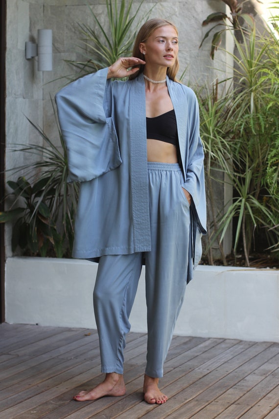 Light Blue Rayon Kimono Dress, Japanese Style Robe, Handmade Loose Fit