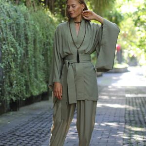 Olive Rayon Kimono Dress, Japanese Style Robe, Wide Collar Sleeves