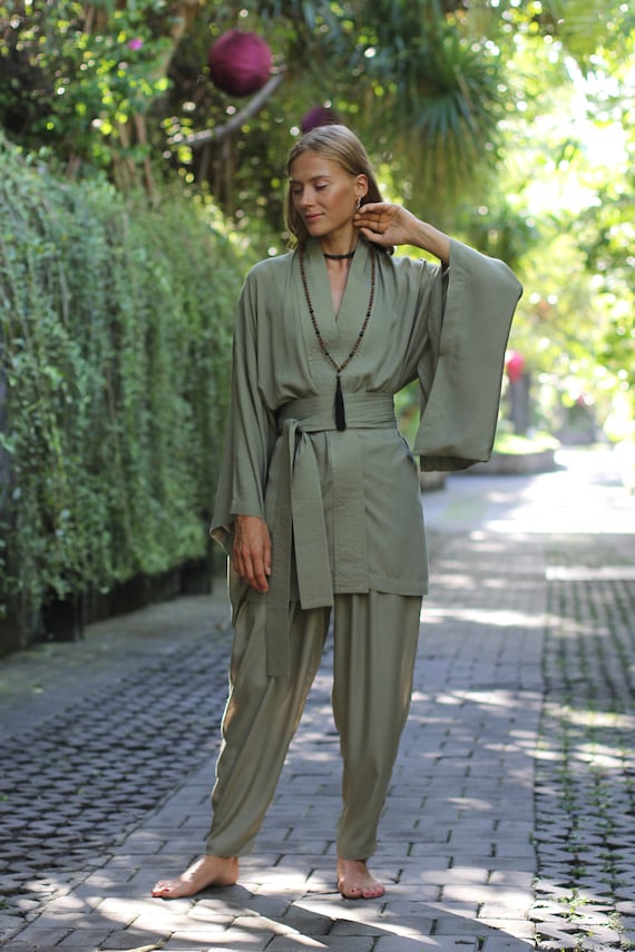 Olive Rayon Kimono Dress, Japanese Style Robe, Wide Collar Sleeves