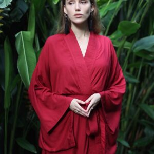 Red Rayon Kimono Dress, Japanese Style Robe, Wide Collar, Matching Belt