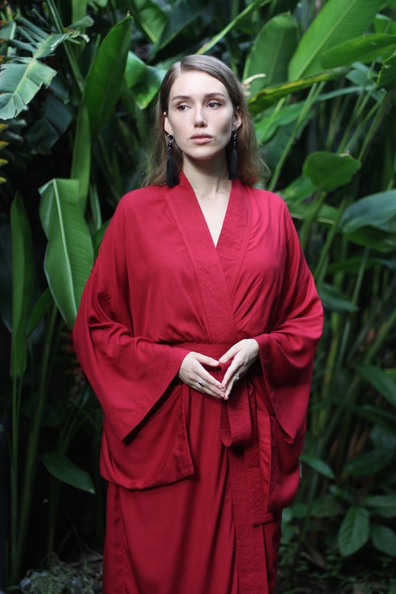 Red Rayon Kimono Dress, Japanese Style Robe, Wide Collar, Matching Belt