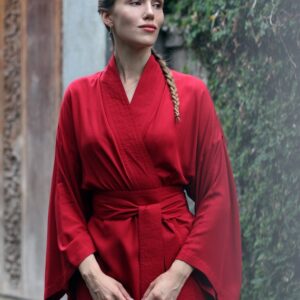 Red Rayon Kimono Dress, Japanese Style Robe, Wide Collar, Matching Belt