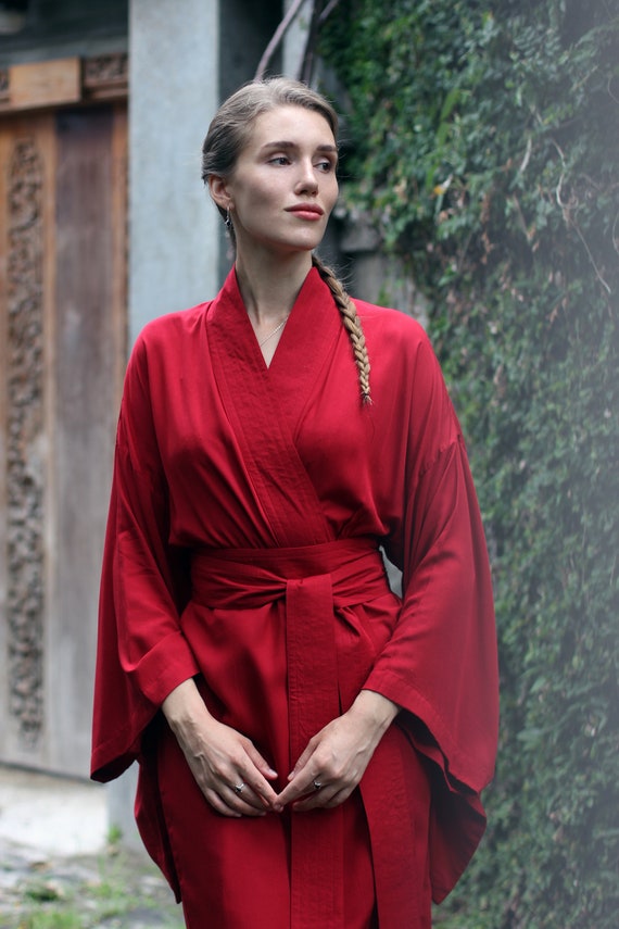 Red Rayon Kimono Dress, Japanese Style Robe, Wide Collar, Matching Belt