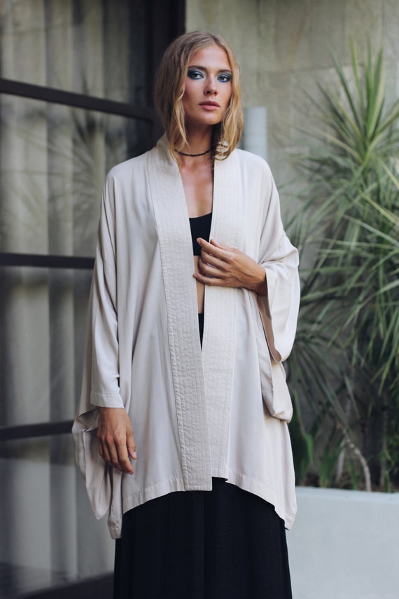 Bridesmaid beige kimono dress, Japanese style, Long Robe, Short cape, free size