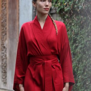 Red Rayon Kimono Dress, Japanese Style Robe, Wide Collar, Matching Belt