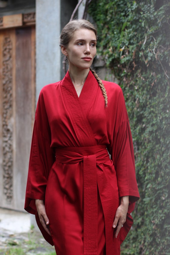 Red Rayon Kimono Dress, Japanese Style Robe, Wide Collar, Matching Belt