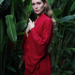 Red Rayon Kimono Dress, Japanese Style Robe, Wide Collar, Matching Belt