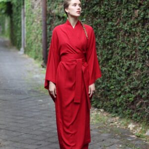 Red Rayon Kimono Dress, Japanese Style Robe, Wide Collar, Matching Belt