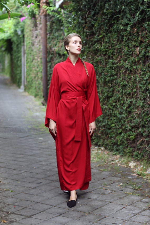 Red Rayon Kimono Dress, Japanese Style Robe, Wide Collar, Matching Belt