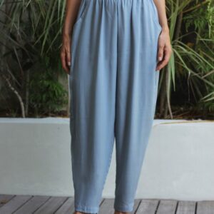 High Waist Tapered Trousers, Loose Fit, Elastic Waist, Side Pockets, Bamboo Rayon