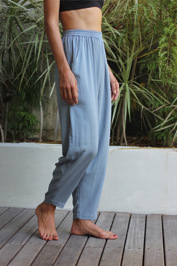 High Waist Tapered Trousers, Loose Fit, Elastic Waist, Side Pockets, Bamboo Rayon
