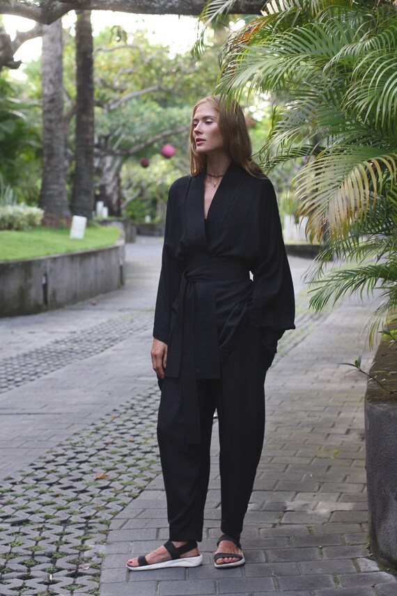 High Waist Tapered Trousers, Loose Fit, Elastic Waist, Side Pockets, Bamboo Rayon