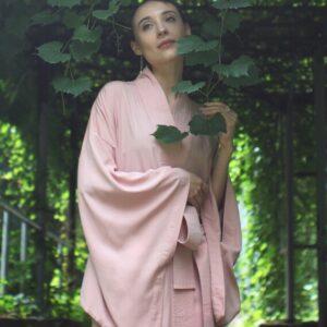 Pink Kimono Dress, Japanese Style Robe, Wide Collar, Matching Belt
