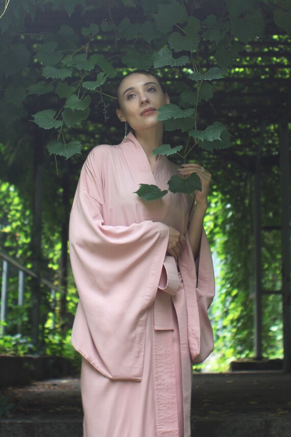 Pink Kimono Dress, Japanese Style Robe, Wide Collar, Matching Belt