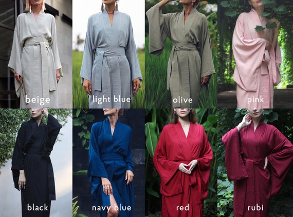 Red Rayon Kimono Dress, Japanese Style Robe, Wide Collar, Matching Belt