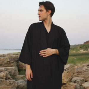 Black Linen Kimono Robe, Japanese Haori Style, Soft Blend