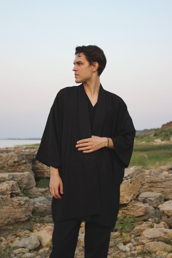 Black Linen Kimono Robe, Japanese Haori Style, Soft Blend