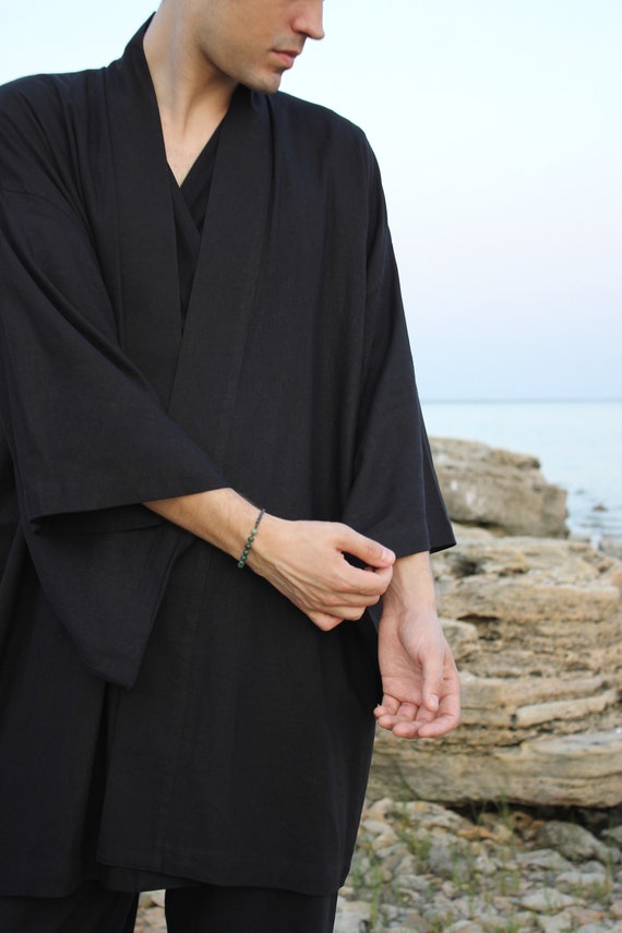 Black Linen Kimono Robe, Japanese Haori Style, Soft Blend