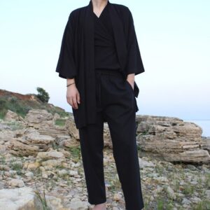 Black Linen Kimono Robe, Japanese Haori Style, Soft Blend