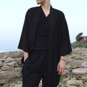 Black Linen Kimono Robe, Japanese Haori Style, Soft Blend