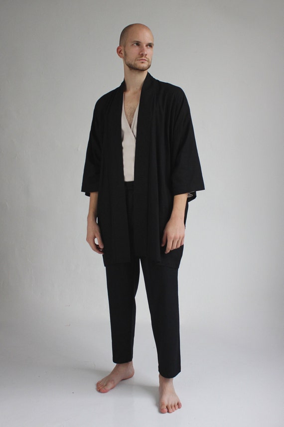 Black Linen Kimono Robe, Japanese Haori Style, Soft Blend