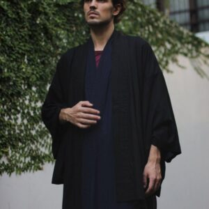 Black Linen Kimono Robe, Japanese Haori Style, Soft Blend